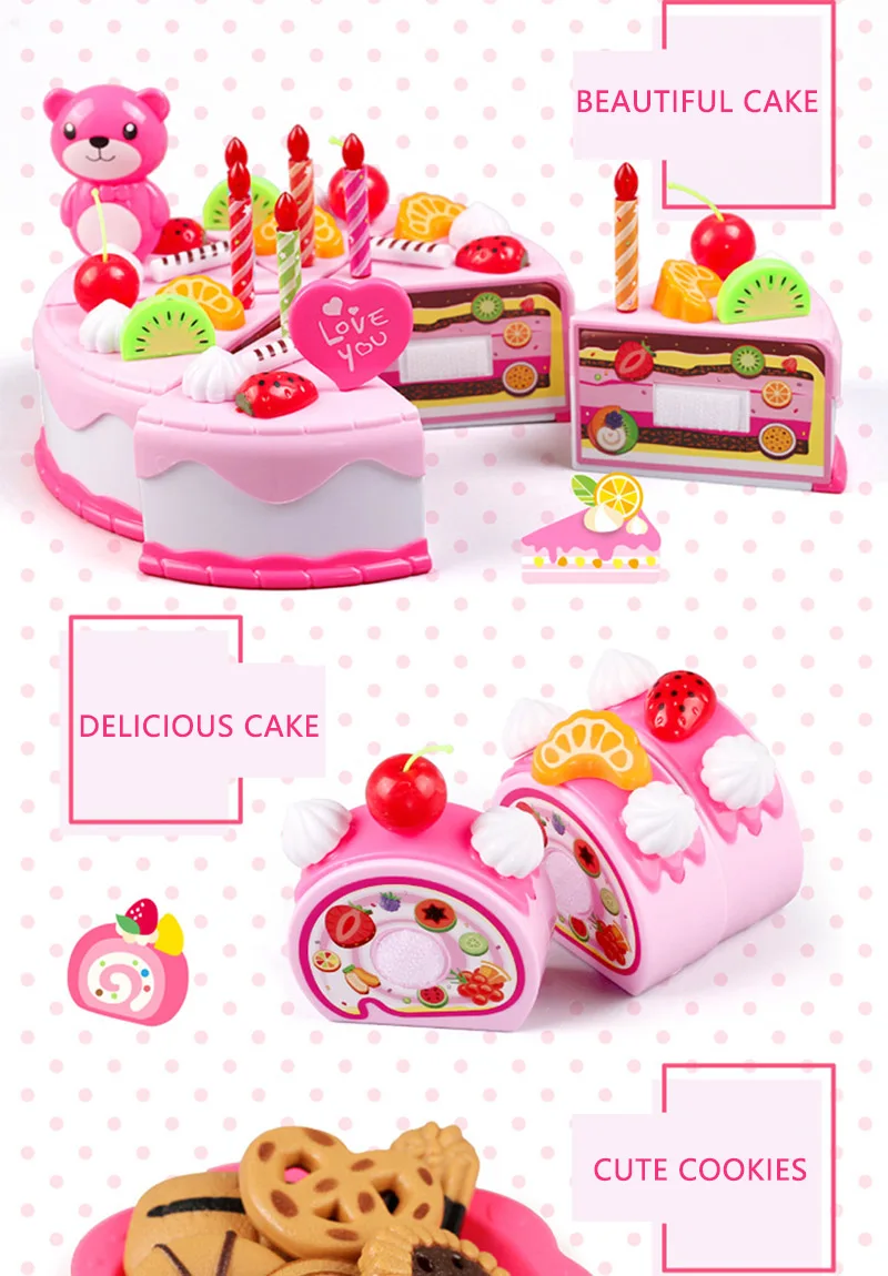 37-80 шт для игрушечной кухни играть DIY Фрукты разрезание торта ко дню рождения розовый синий игрушки для детей Cocina De Juguete