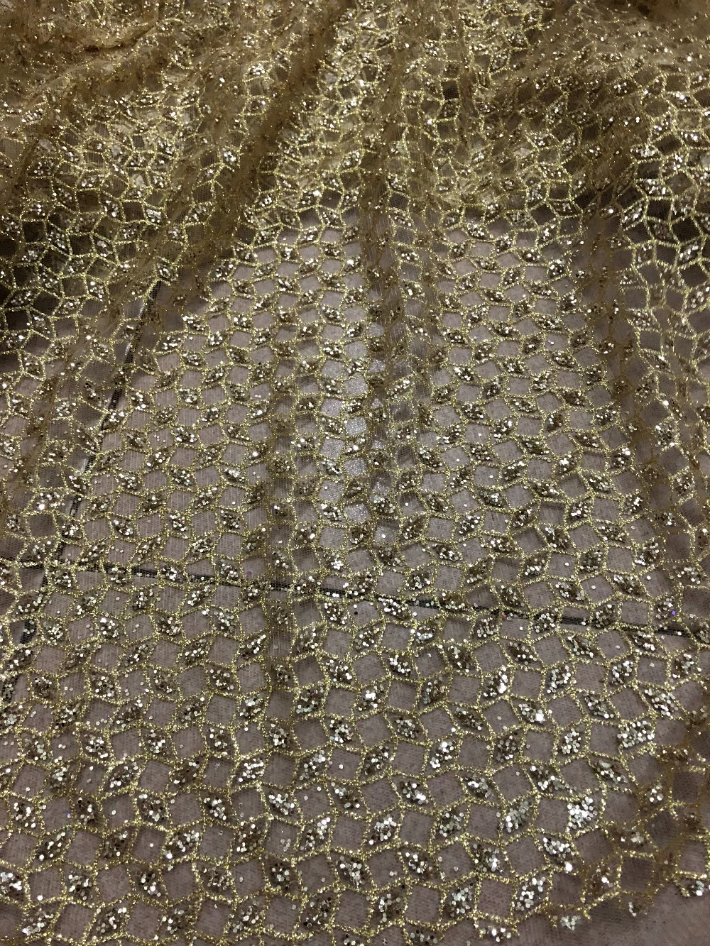 

SU-D08105 Newest design tulle mesh lace fabric champagne gold Shining glued glitter lace fabric for party