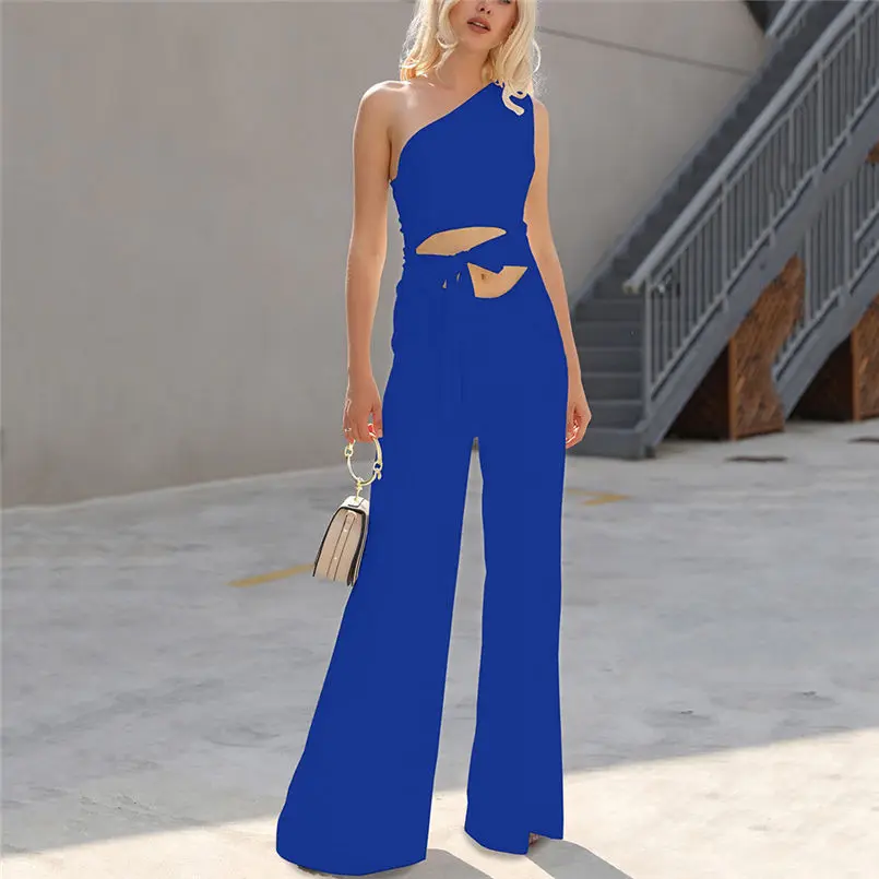  New Summer Women Fit Slim Solid High Waist Lace Up Sexy Off Shoulder Flare Jumpsuits Fashion Holiday Elegant  Jumpsuit #4R07  (15)