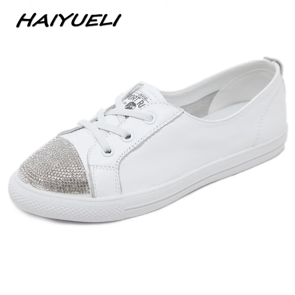 

HAIYUELI Women Casual Genuine Leather Flat Skate Sneaker Shoes Woman Round Toe Fashion Crystal Female Footwear White shoes 35-40