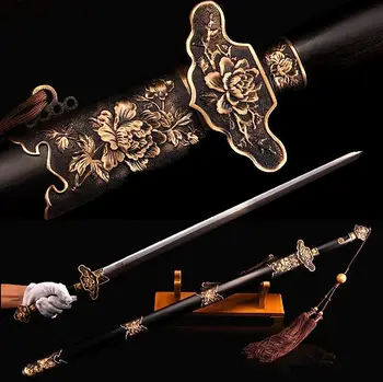 

Ebony Wood Saya Chinese Sharp Damascus Steel Wushu Sword KungFu Qing Jian/Brass Knife Fitted