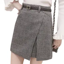 Новый Винтаж Irregul плед мини юбка для женщин линии Тонкий посылка бедра юбки для с поясом плюс размеры элегантный