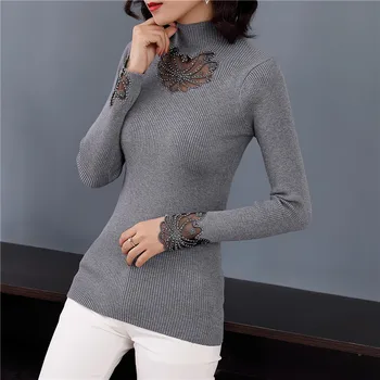 

47 (zhong 1 row 2) autumn outfit new elastic half a turtleneck sweater F3221 bud silk embroidered costume