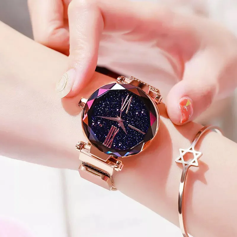 

2019 New Fashion Rosy Gold Mesh Magnet Starry Sky Quartz Watch Women Casual Watches Relogio Feminino Ladies Wrist Watch Hot Sale