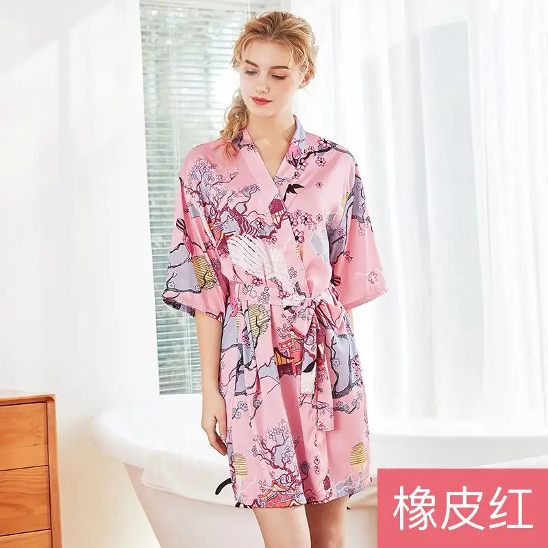 Модный женский летний короткий халат, китайский женский шелковистый халат для сна, кимоно юката, ночная рубашка, пижамы, женская пижама - Цвет: D - 1