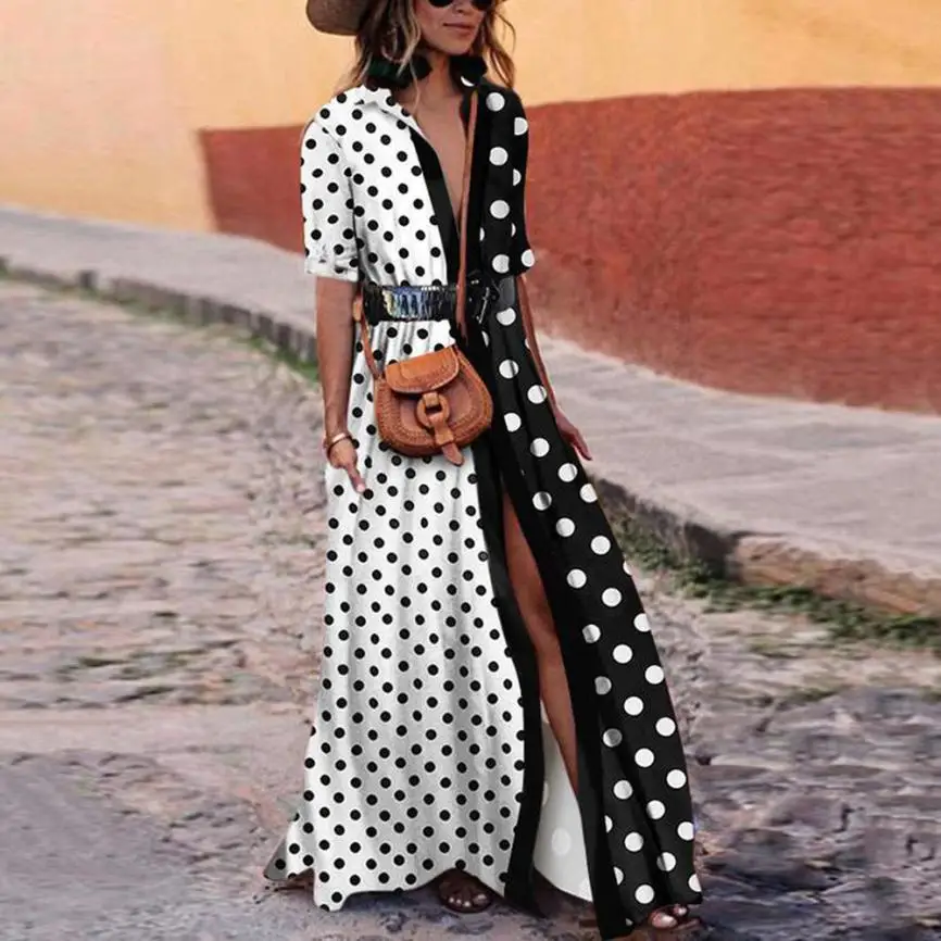 

KANCOOLD dress fashion Sexy Women Short Sleeve Dot Patchwork Belt Loose Dress Bohe Beach Long Robe dress women 2018AUG1