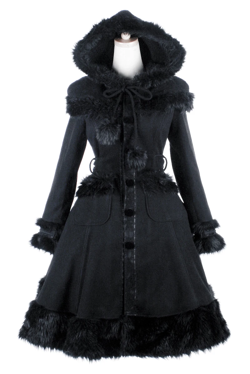 Готический стиль Лолиты, женские шерстяные пальто со шляпой, панк, Осень-зима, милая шаль, меховые пальто, модная длинная куртка, повседневное пальто