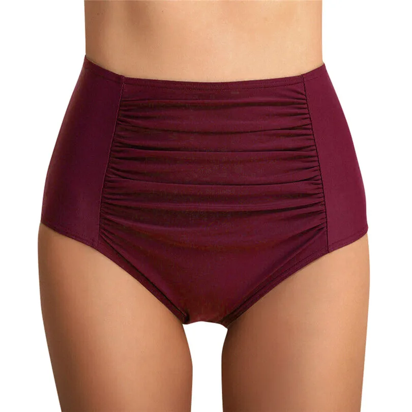 2019 New Summer Women Casual Simple High Waist Ruched Bikini Solid Bottoms Tummy Control Swimsuit Briefs Pants #E01 (2)