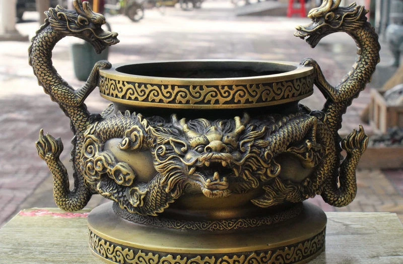 

11" China Palace Pure Bronze Dragon Handle Statue Incense Burner Censer Jar Pot