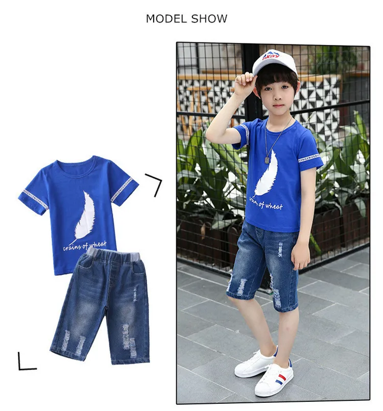 4-14 y boys summer set clothing 2019 boy child tracksuit kids sets knee length jeans pants children t-shirts boys 10 12 years (1)
