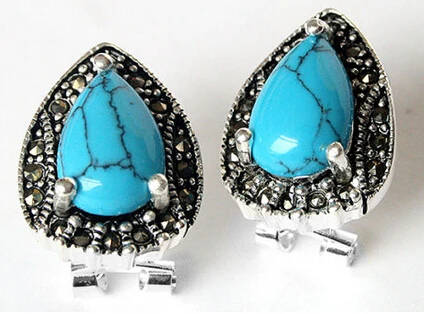 

FREE SHIPPING>>> wb004 VINTAGE SILVER BLUE TURQUOISE MARCASITE STUD EARRINGS