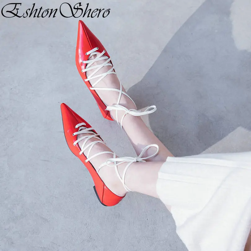 

EshtonShero Women's Shoes Genuine Leather+PU Flat Heel Pointed Toe Fashion Autumn Lace Up Fashion Ladies Wedding Shoe Size 33-42