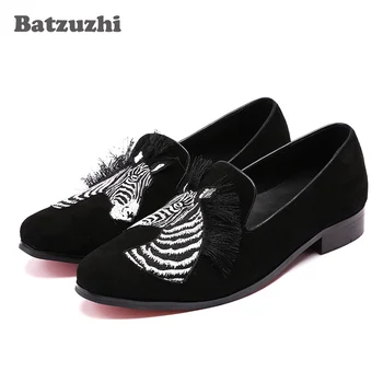 

Batzuzhi Fashion Men Party and Wedding Handmade Loafers Men Shoes with Horse Black Suede Men Casual Leather Shoes Man , 38-46