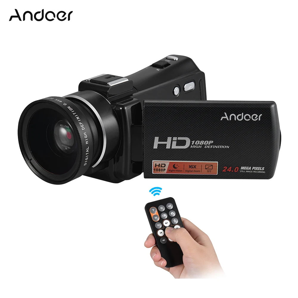 Andoer HDV-V7 PLUS 1080 P Full HD 24MP Портативная Цифровая видеокамера пульт для видеокамеры управления+ 0.45X Широкоугольный объектив 16X зум