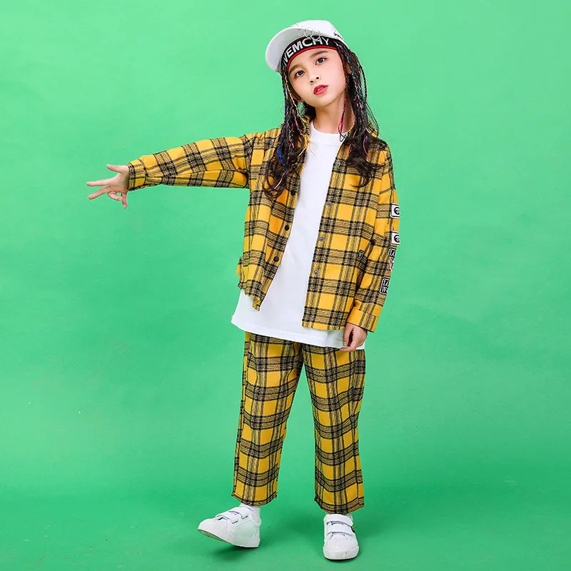 2019 New Children Hip-hop Street Dance Performance Costume Autumn Boys Girls Loose Jazz Dance Show Yellow Plaid Shirt Pants Set (8)