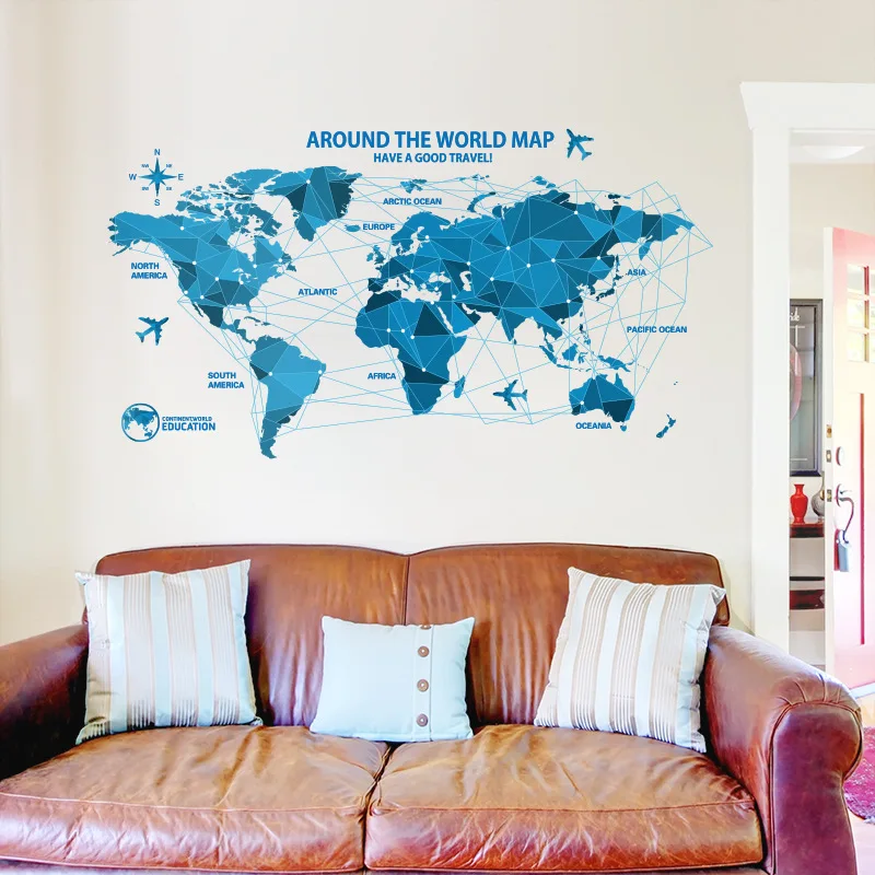 blue world map removable wall sticker home decorations vinyl wall