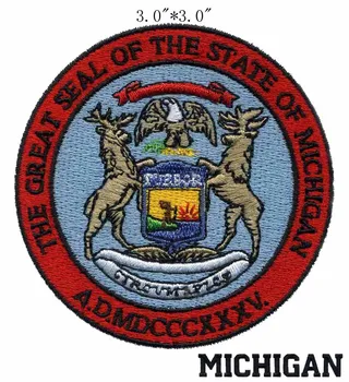 

Michigan State Seal embroidery 3"" wide shipping /red rim/two elk/circular patch