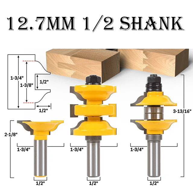 3PCS 12.7MM Carbide Trimming Woodworking Milling Cutter & Carving Tongue Router Bits for 1/2 inch wood cutter tool 80726