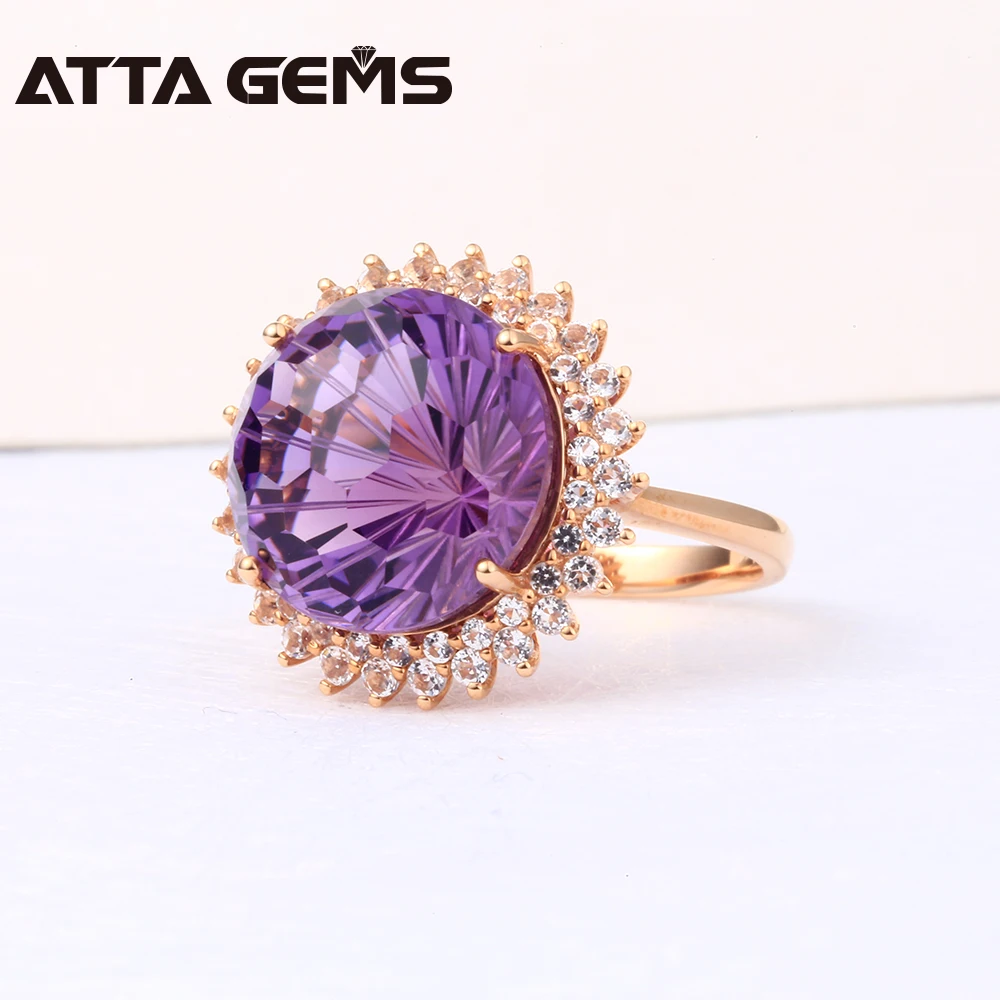 Natural Amethyst Real 18K Rose Gold Women Wedding Ring 13 Carats Amethyst Firework Cutting With Diamond Ring Jewelry Brand