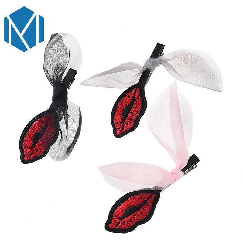 

2019 New Fashion Chiffon Bow Barrettes Solid Handmade Hairpins with Big Red Lips Hairgrip Children Hair Accessories