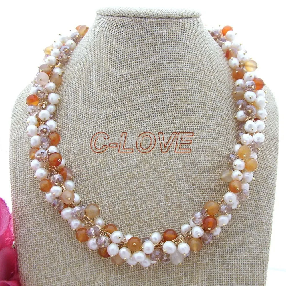 

White Round Pearl Red Onyx Crystal Necklace Free Shipment