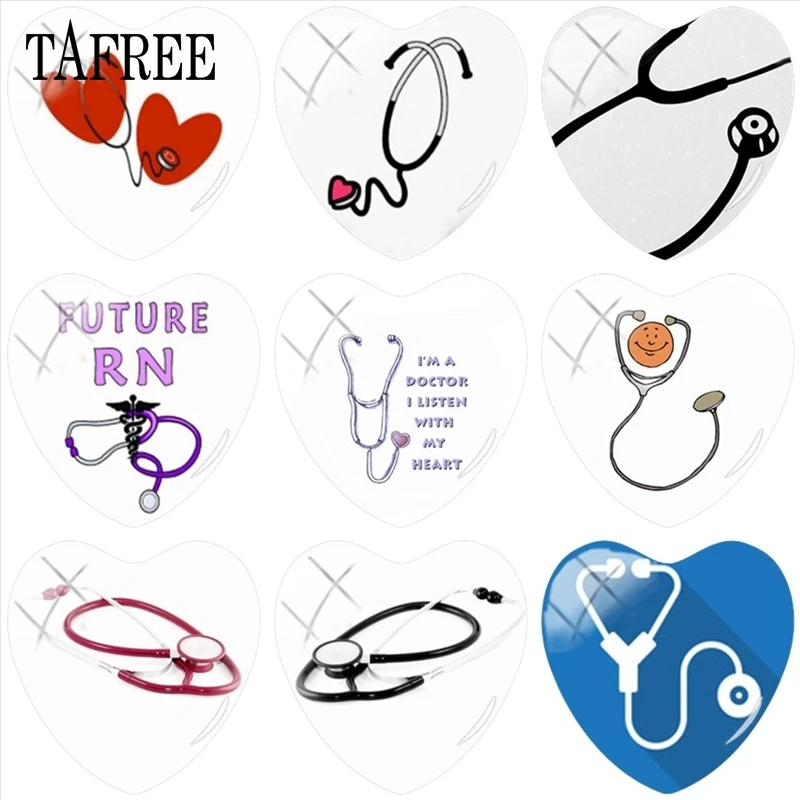 

TAFREE Nurses Doctors Stethoscope 25mm DIY Heart Shape Photo Glass Cabohcon Charms Cameo Settings For Key Chian Jewelry Finding