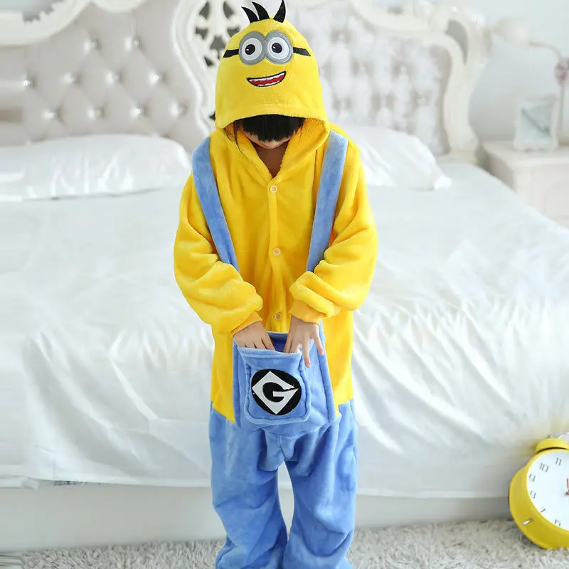 

Boy Girl Children Smile Minions Pajamas Set Flannel Kids Animal Cartoon Cosplay Hooded Pijama infantil Kigurumi Sleepwear