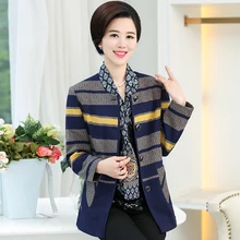 XL-4XL Long Woolen Coat Women Autumn Middle-aged Female Thin Coats New O-neck Striped Jacket Casual Spring J373