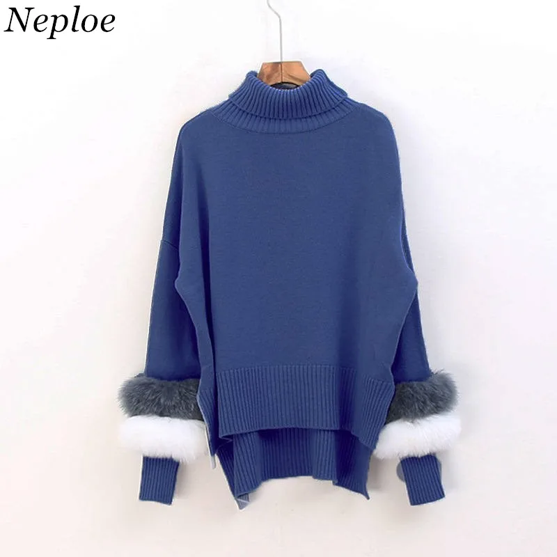Neploe, длинный рукав, мех, пэтчворк, свитер для женщин, вязаный пуловер, топ, женский,, модный, корейский, водолазка, трикотаж, 37338
