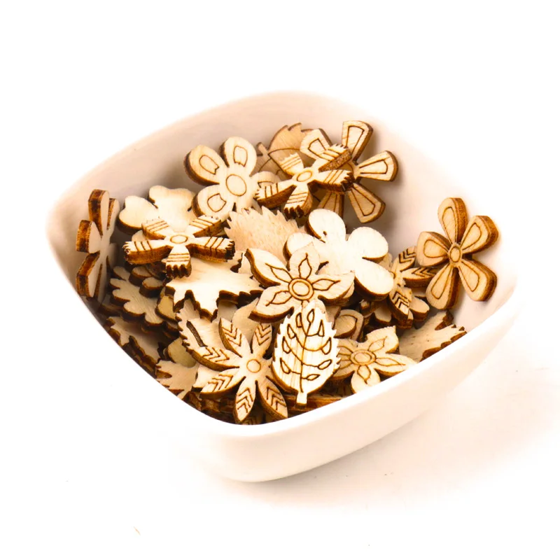 

Handmade Crafts Accessory Home Wood Decoration Scrapbookings Sewing DIY Wooden Mix Flower Leaf Pattern Embellishment 20mm 50pcs