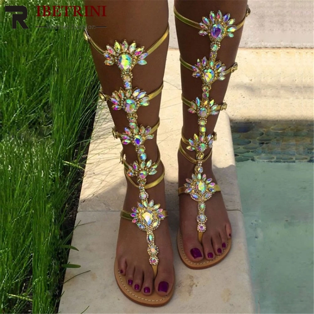 

RIBETRINI Luxury Large Size 47 Customized Leisure Best Quality Women Shoes Woman Summer Csystals Flat Gladiator Sandals