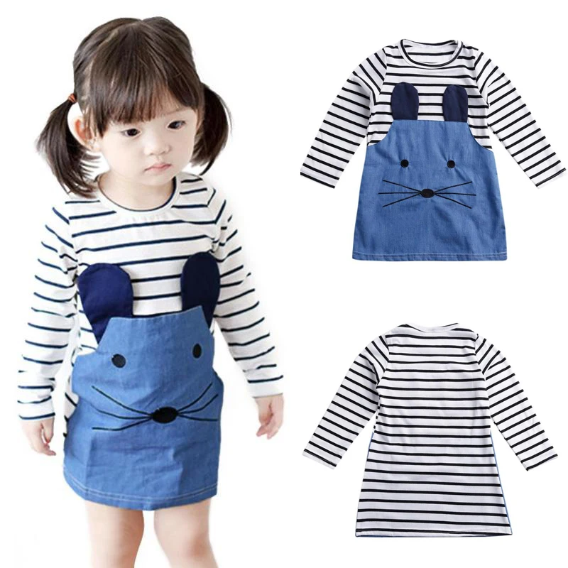 

Dress For Girls Cute Mouse Stripe Long Sleeve Dress Kid Cotton Splicing Color Clothes Christmas Princess Dress For 1-6 Y Girl