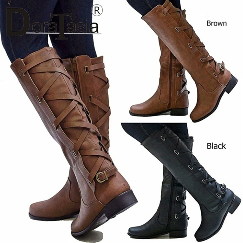 DORATASIA/Новые модные однотонные туфли на широком каблуке средней высоты с ремешком и пряжкой женские повседневные Демисезонные ботинки до середины икры Большие размеры 35-43