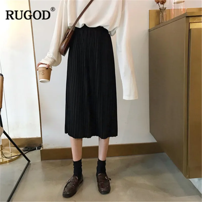 RUGOD 2019 Высокая талия полиэстер для женщин юбка Плиссированные Свободные хаки черный миди корейский стиль сладкий повседневное