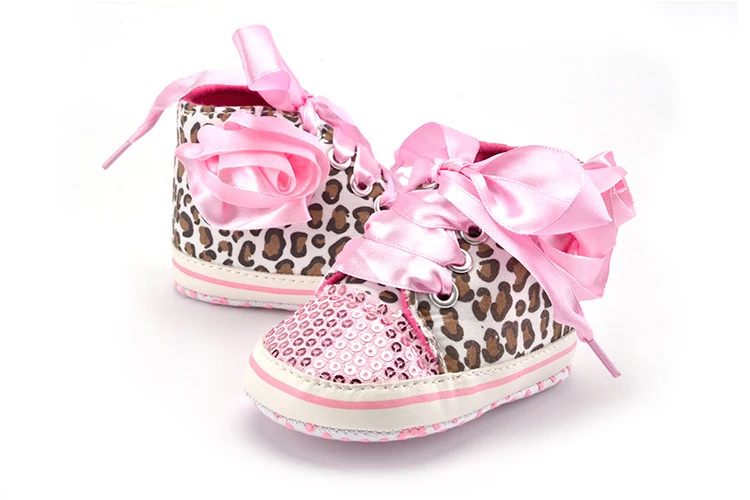 Обувь для новорожденных девочек, расшитые блестками леопардовые туфли на шнуровке, Нескользящие Блестящие Кроссовки 0-18 месяцев, 3 Цвета, 0-18 месяцев