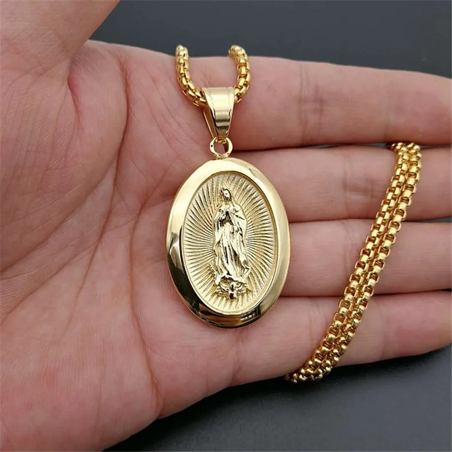 Золотые ожерелья и подвески в стиле хип-хоп Iced Out Big Virgin Mary, цепочка из нержавеющей стали для женщин, христианские ювелирные изделия, Мадонна U1368