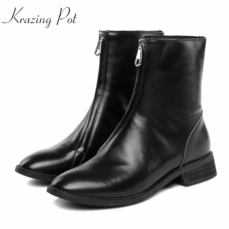 

Krazing pot genuine leather round toe front zipper low heels superstar concise design Korean version gladiator ankle boots L37