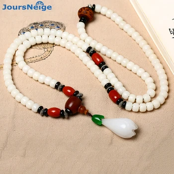 

Wholesale White Natural Bodhi Bracelets 108 Buddha Beads With Flower Pendant Sweater Chain Necklace Fresh Yoga Energy Jewelry