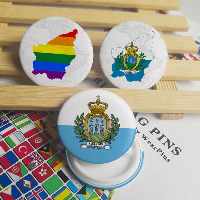 

San Marino Flag Map Tin Button Pins LGBT Gay Rainbow Pride Tin Button Badges