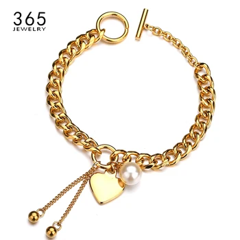 

Fashion Jewelry Link Chain Heart Pendant Bracelet & Bangles Gold Color Stainless Steel Tassel Bracelets For Women