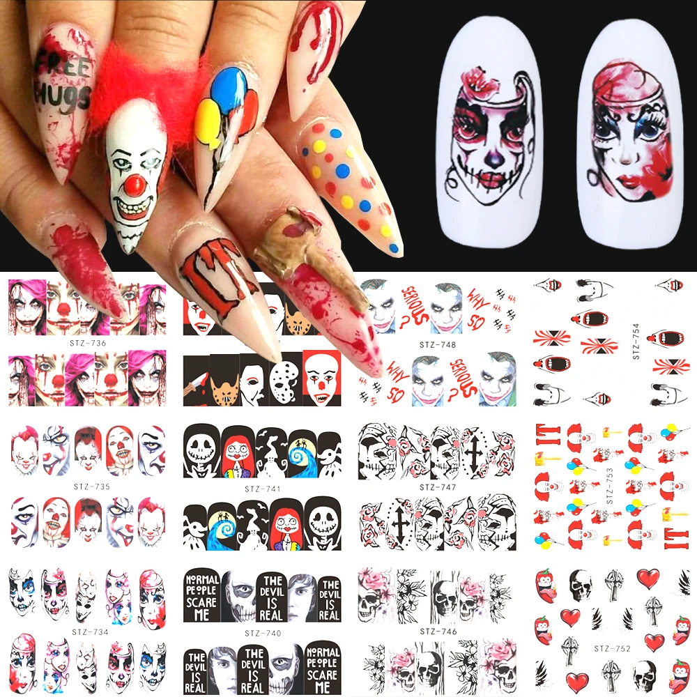 25 дизайнов Хэллоуин Водные Переводные наборы наклеек Череп Клоун зомби татуировки обертывания для украшения ногтей маникюр LASTZ731-755