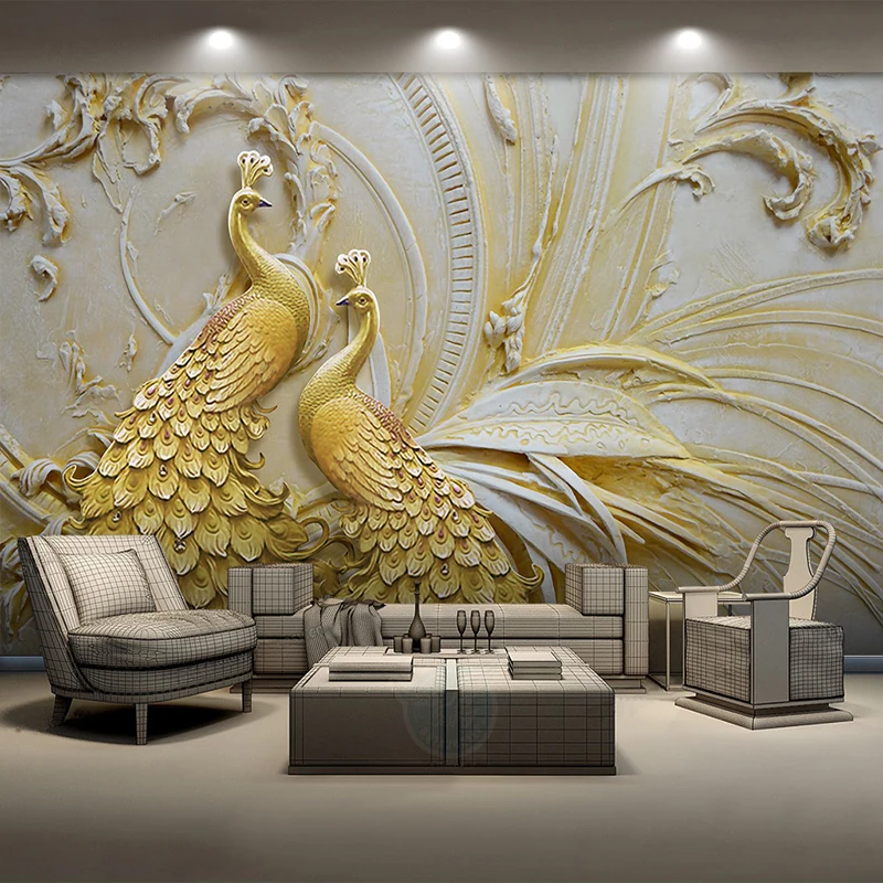 Us 7 75 51 Off Custom Mural Wallpaper For Walls 3d Stereoscopic Embossed Golden Peacock Background Wall Painting Living Room Bedroom Home Decor In