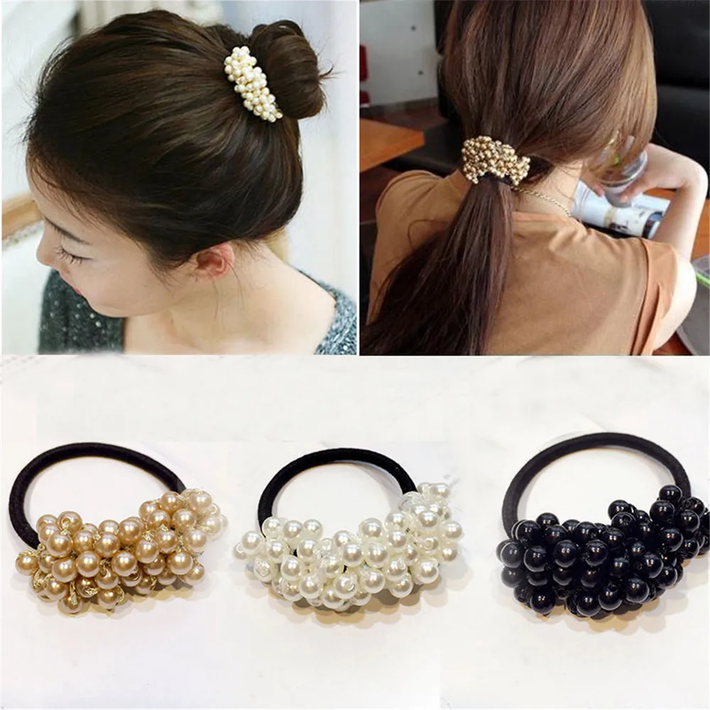 

Women Hair Accessories Pearls Beads Headbands Ponytail Holder Scrunchies Vintage Elastic Hair Bands Rubber Rope Headdress#3$