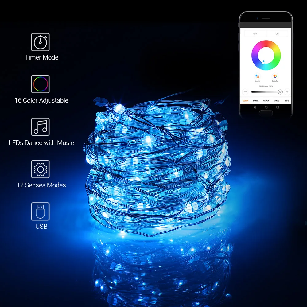 

16 Feet Smart App control Fairy Copper Lights 16 Colors Multifunction String Light 12 Sense Modes Dimmabl Decorative Lights