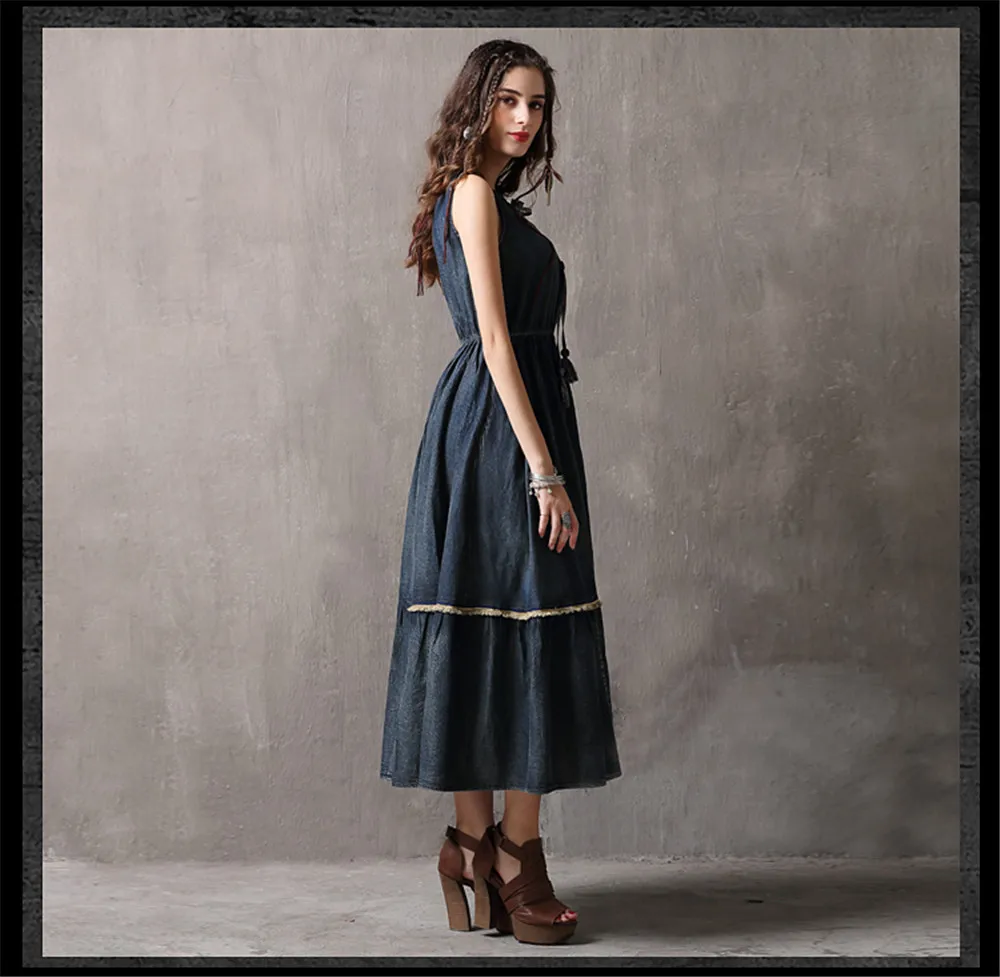 Vintage Summer Tank Dress 2018 Casual High Waist Denim Vestidos O-Neck Swing Hem A-line Elegant Sundress Dress Female K82106 (19)