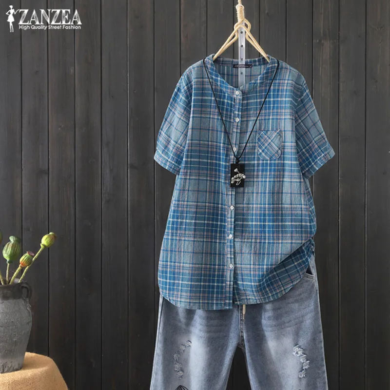  2019 ZANZEA Casual Check Tops Women's Summer Blouse Woman Vintage Short Sleeve Tee Shirts Female Bu