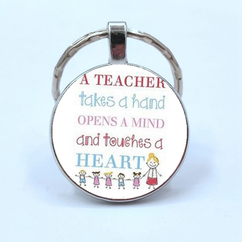 Круглые брелки со стеклянным узором с буквой спасибо брелок для преподавателя день учительницы подарок время драгоценный камень стеклянный брелок для ключей держатель - Цвет: Silver