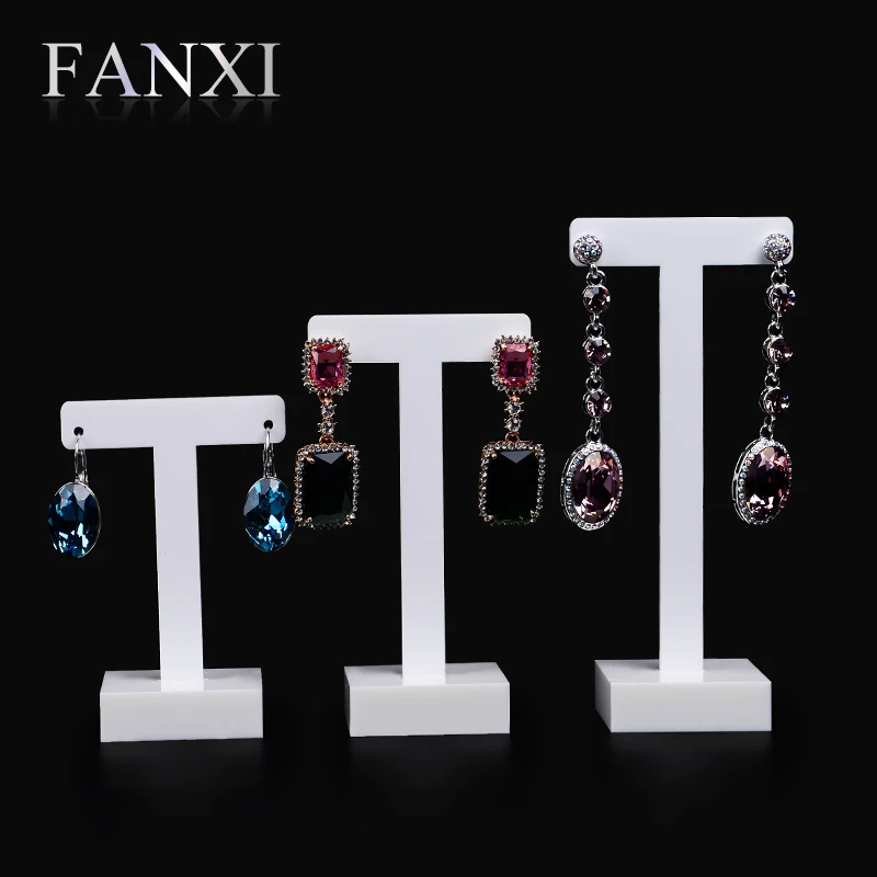 

FANXI Free Shipping New Design T Shape Earrings Shelf Stand Set White Acrylic Jewelry Display Rack Set with 3pcs Exhibitor Prop