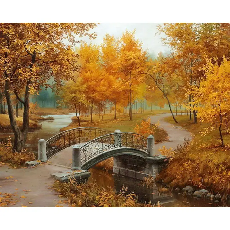 Full autumn scenery Diamond embroidery Bridges forest Diamond painting Yellow plant cross stitch Square drill Mosaic picture