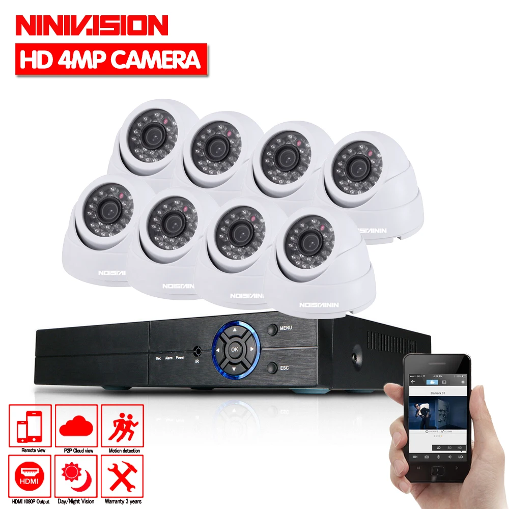 

NINIVISION White Dome HD 8CH AHD DVR Kit 4.0MP Security Cameras System 8* 4MP Day Night Vision CCTV Home Security Camera Kits